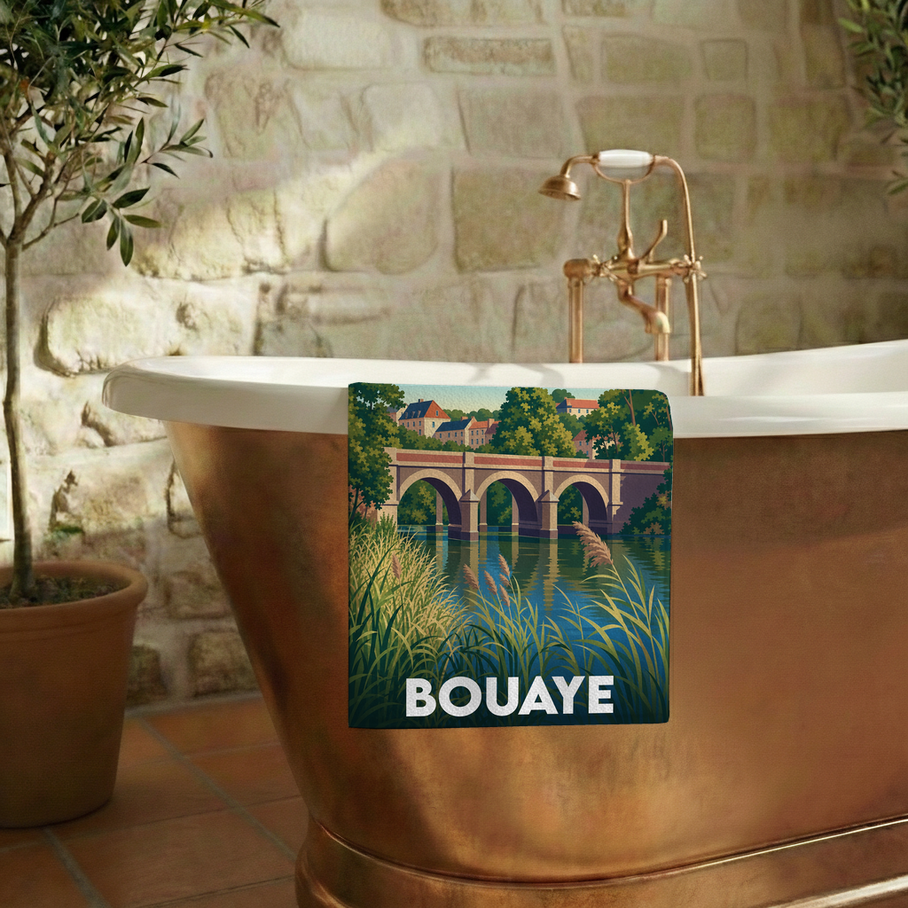 Serviette de bain souvenir de la ville de Bouaye avec une illustration stylisée de son pont.