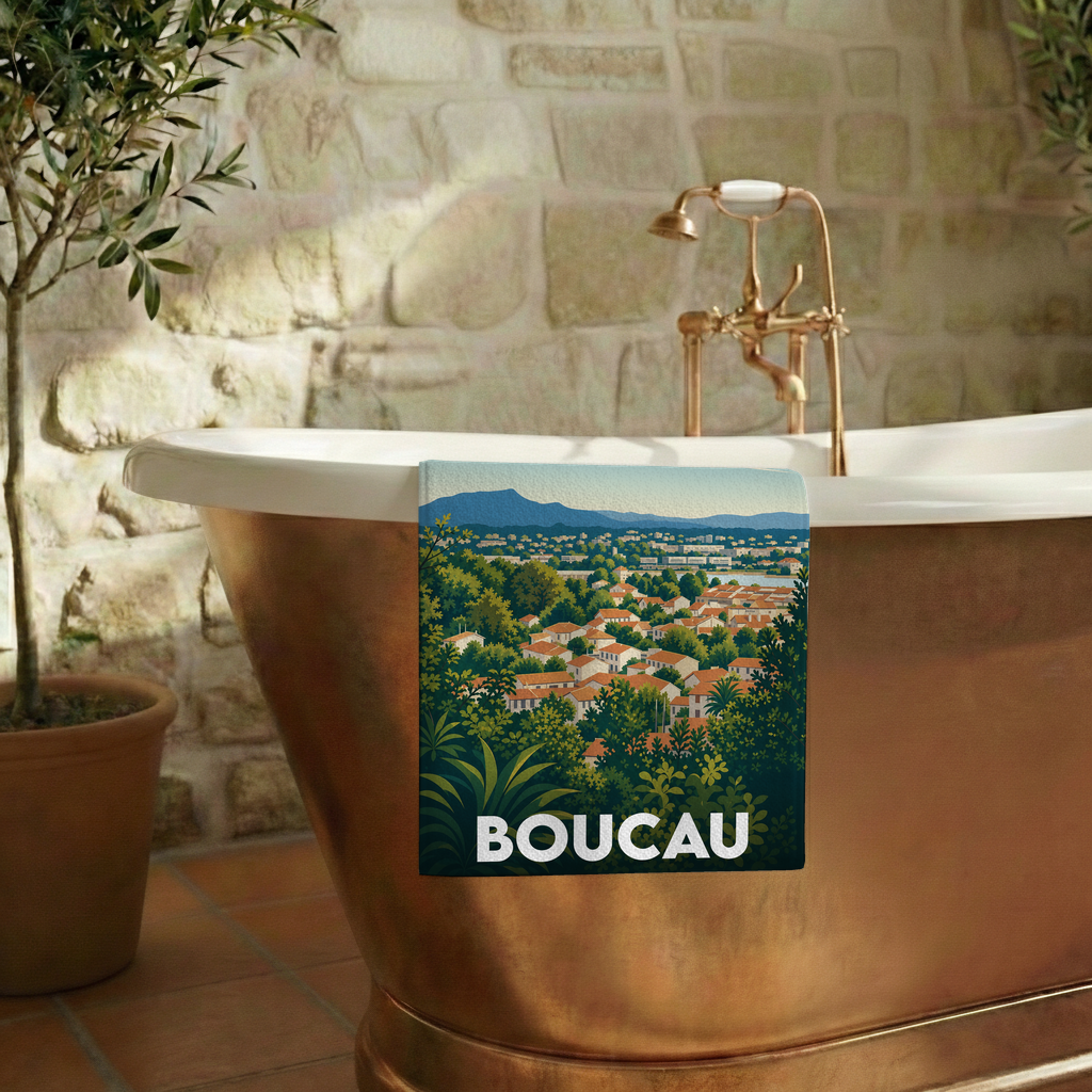 Serviette de bain souvenir de la ville de Boucau avec une illustration paysagère stylisée.