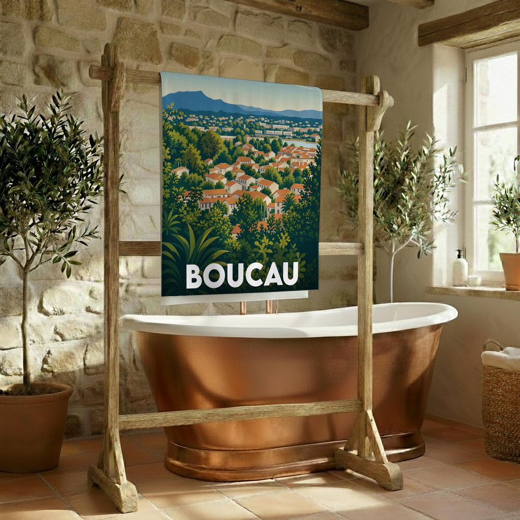 Serviette de bain souvenir de la ville de Boucau ornée d'une illustration paysagère stylisée.
