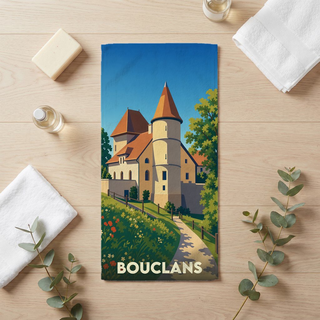 Serviette souvenir de la ville de Bouclans avec une illustration stylisée d'un château médiéval.