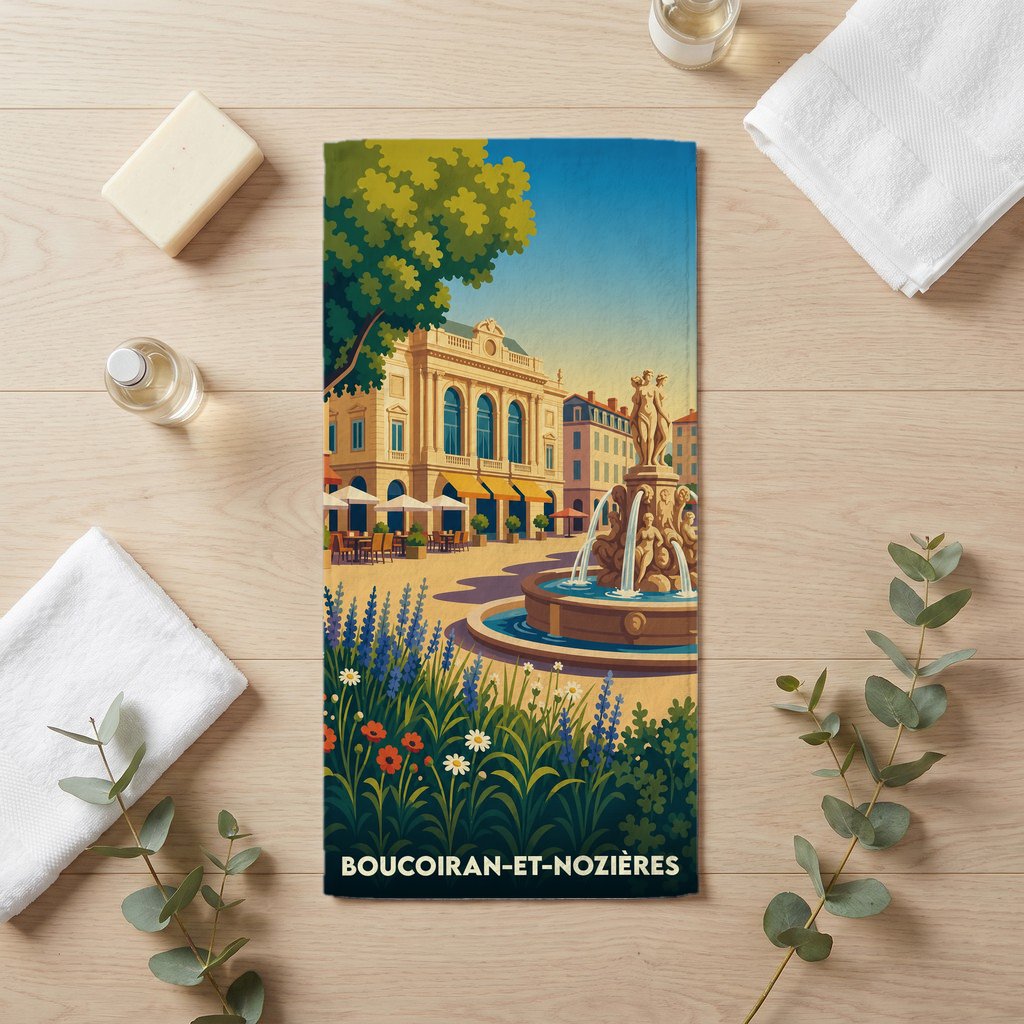 Serviette de bain souvenir de la ville de Boucoiran-et-Nozières avec une illustration stylisée.