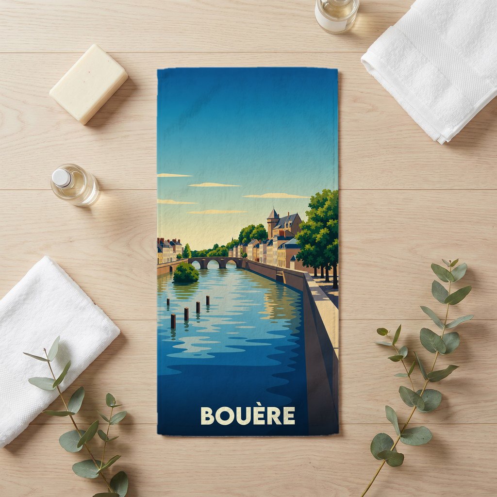 Serviette de bain souvenir de la ville de Bouère avec une illustration stylisée des bords de rivière.