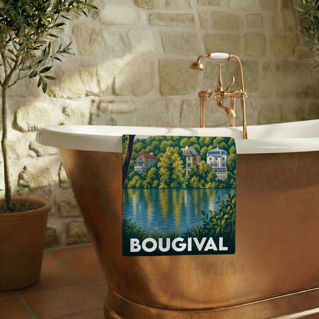 Serviette de bain souvenir de la ville de Bougival avec une illustration stylisée.