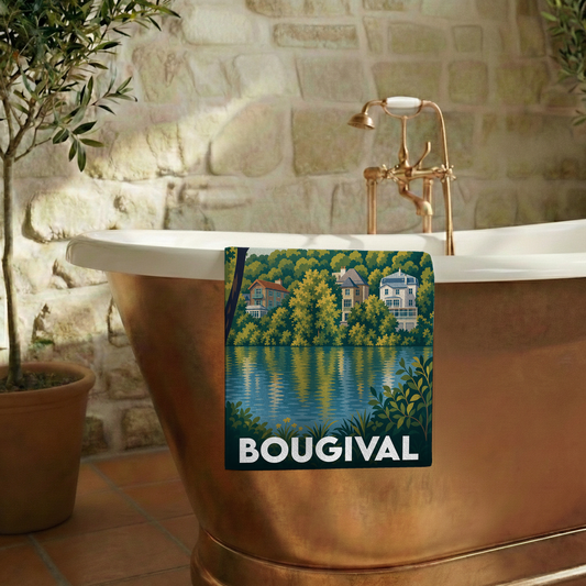 Serviette de bain souvenir de la ville de Bougival avec une illustration stylisée.