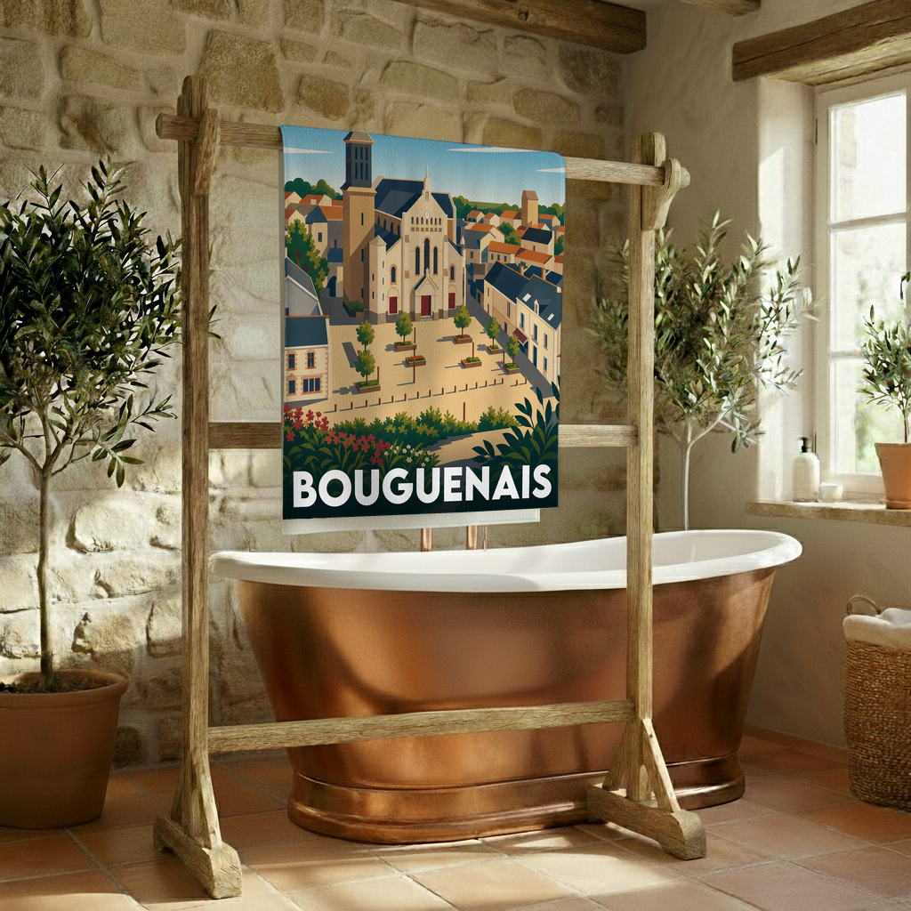 Serviette de bain souvenir de la ville de Bouguenais avec une illustration stylisée.