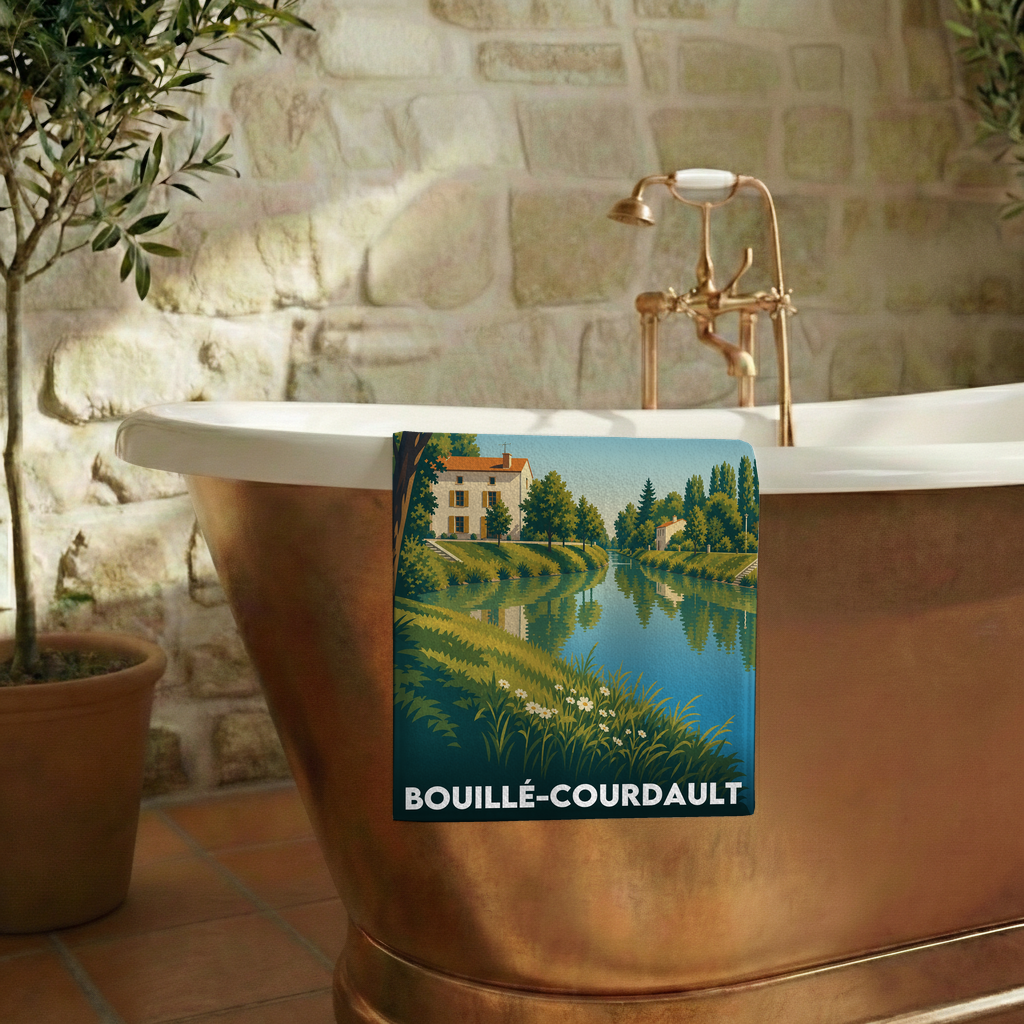 Serviette de bain souvenir de la ville de Bouillé-Courdault avec une illustration stylisée.