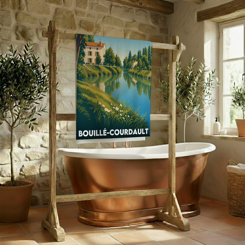Serviette de bain souvenir de la ville de Bouillé-Courdault avec une illustration stylisée de paysage.