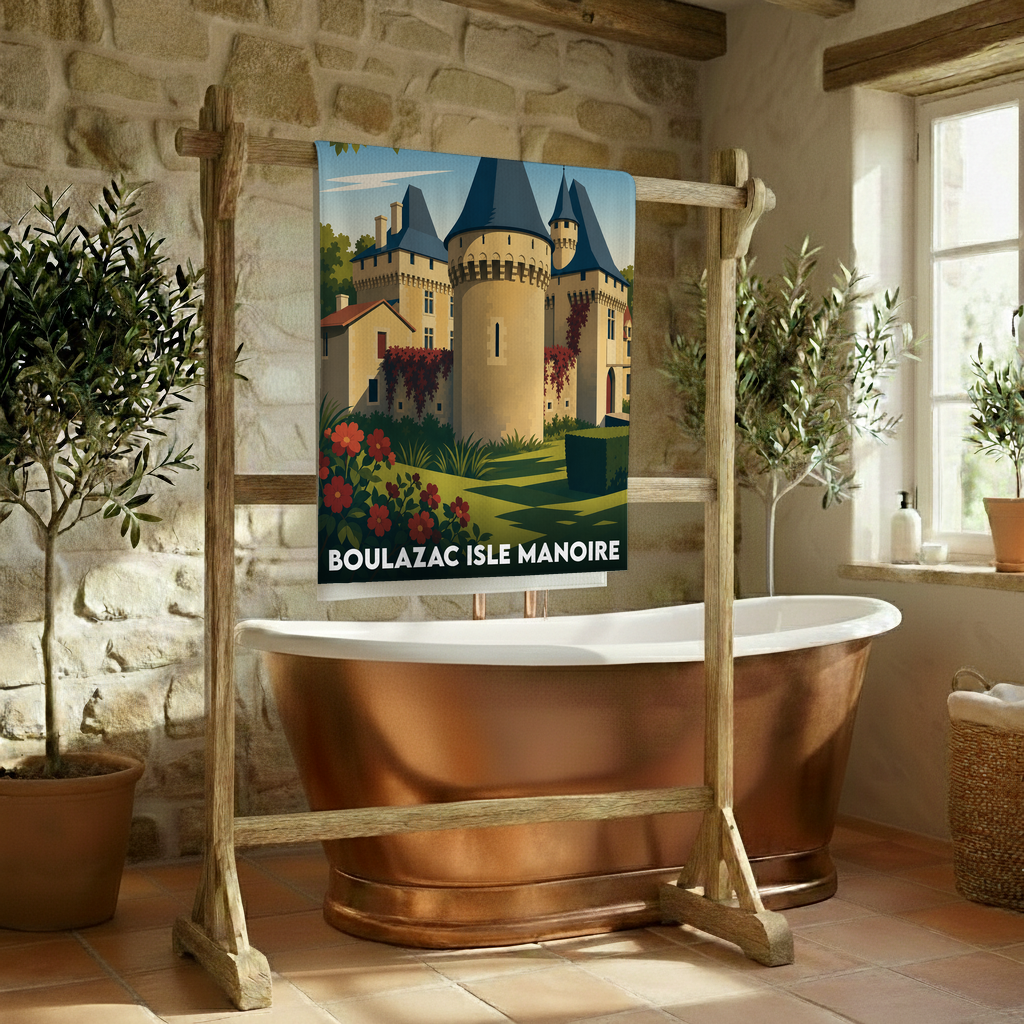 Serviette de bain souvenir de la ville de Boulazac Isle Manoire avec une illustration stylisée de son château.