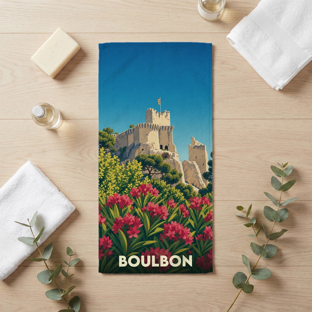 Serviette de bain souvenir de la ville de Boulbon avec une illustration stylisée de son château.