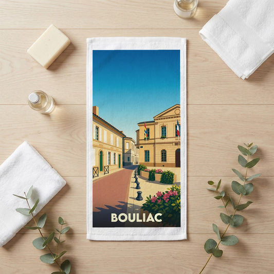 Serviette de toilette souvenir de la ville de Bouliac avec une illustration stylisée.