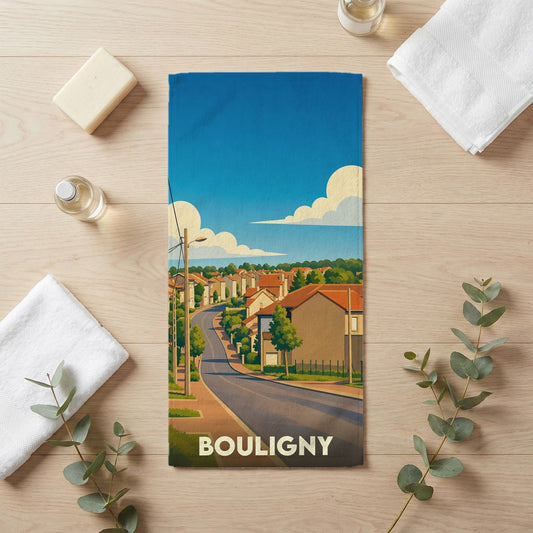 Serviette de bain souvenir de la ville de Bouligny avec une illustration stylisée d'un paysage urbain.