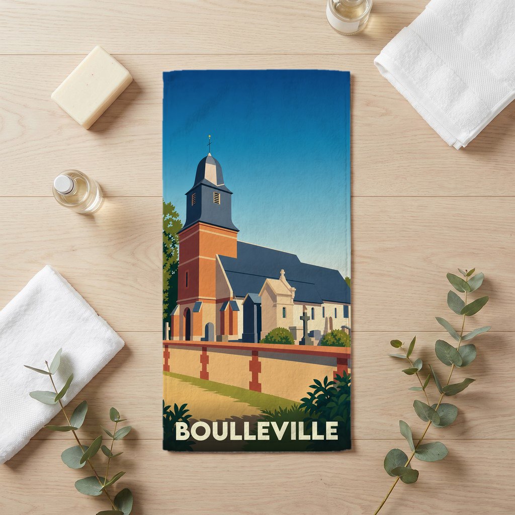 Serviette de bain souvenir de la ville de Boulleville avec une illustration stylisée de son église.