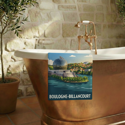 Serviette de bain souvenir de la ville de Boulogne-Billancourt avec une illustration stylisée.