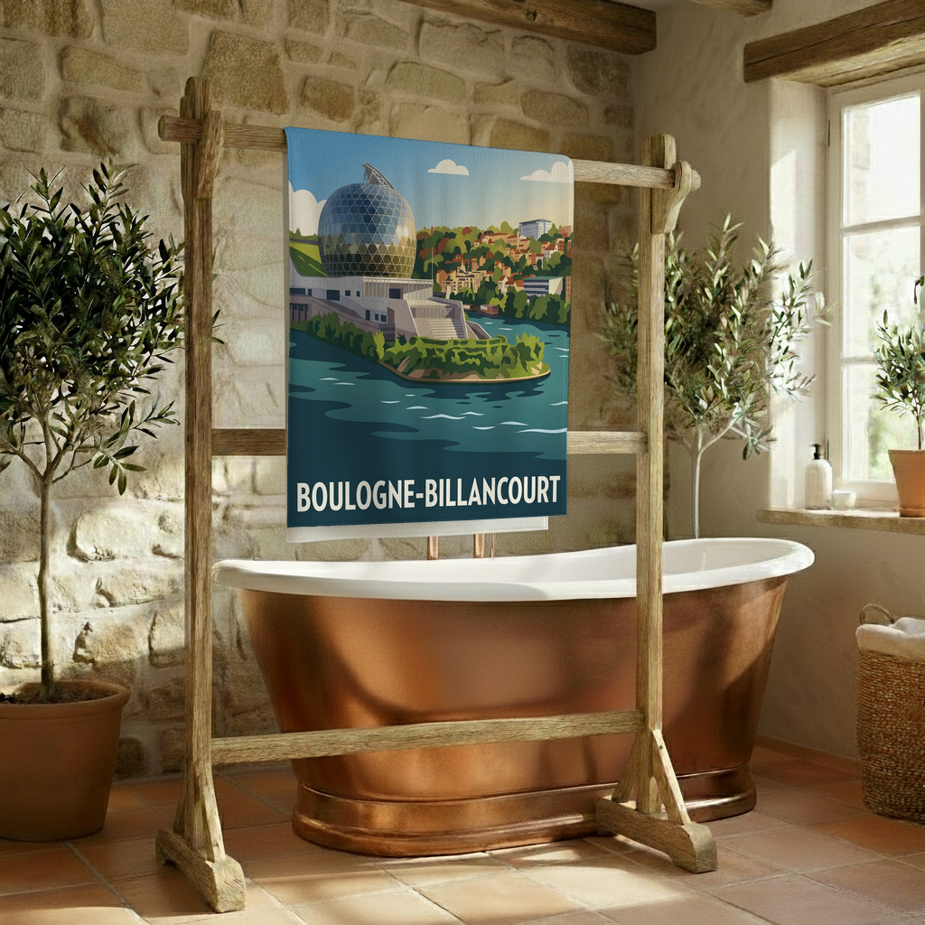 Serviette de bain souvenir de la ville de Boulogne-Billancourt avec une illustration stylisée.