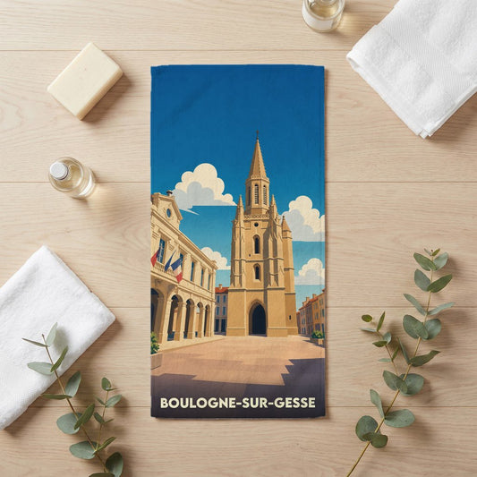 Serviette de bain souvenir de la ville de Boulogne-sur-Gesse avec une illustration stylisée.