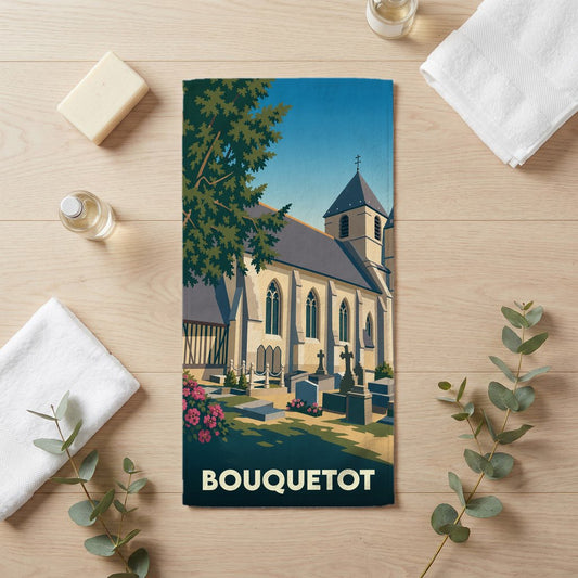 Serviette de bain souvenir de la ville de Bouquetot avec une illustration stylisée d'une église et son cimetière.