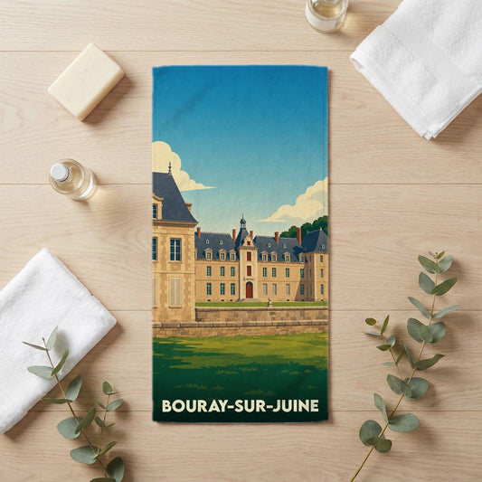 Serviette de bain souvenir de la ville de Bouray-sur-Juine avec une illustration stylisée de son château.