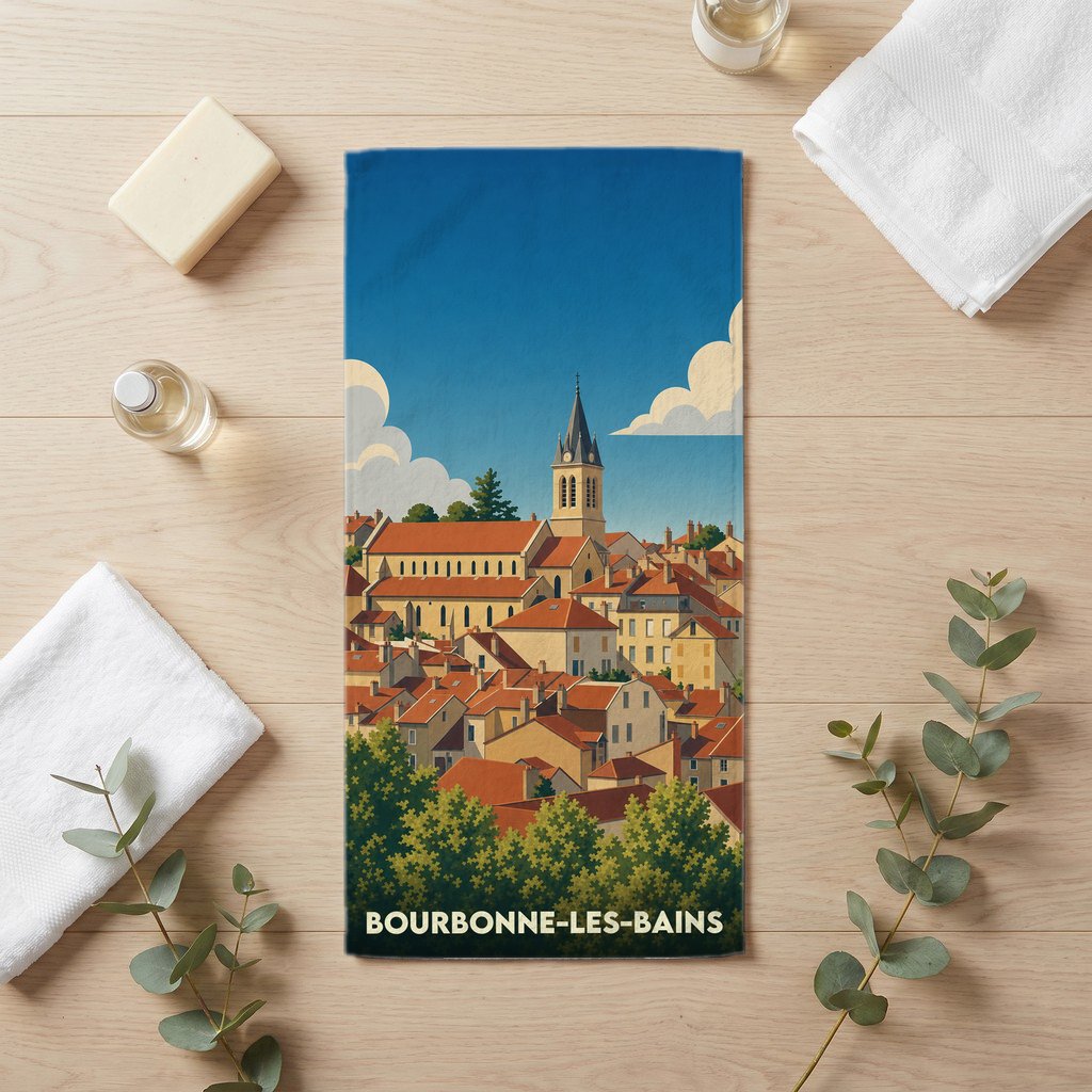 Serviette de bain souvenir de la ville de Bourbonne-les-Bains avec une illustration de style affiche vintage.