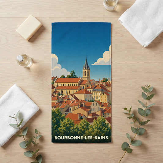 Serviette de bain souvenir de la ville de Bourbonne-les-Bains avec une illustration de style affiche vintage.
