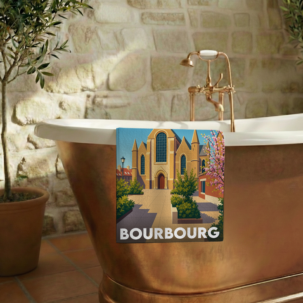 Serviette de bain souvenir de la ville de Bourbourg avec une illustration stylisée.