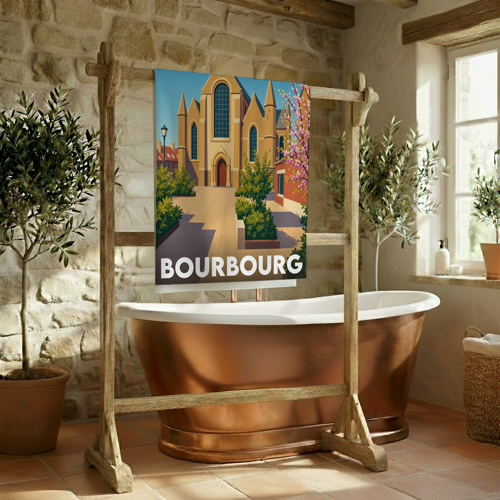 Serviette de bain souvenir de la ville de Bourbourg avec une illustration stylisée.