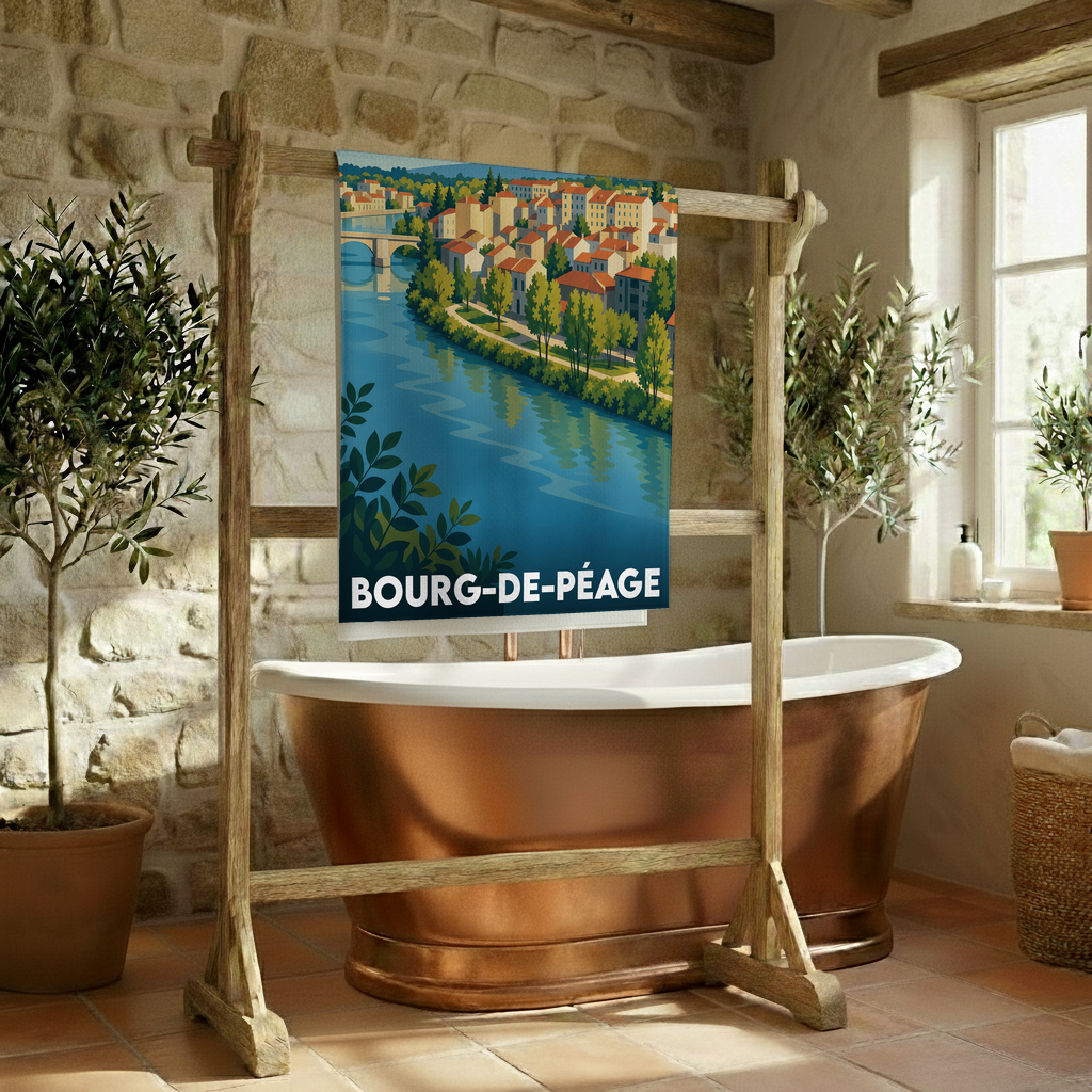 Serviette de bain souvenir de la ville de Bourg-de-Péage avec une illustration stylisée.