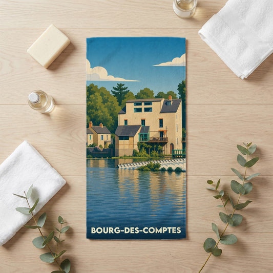 Serviette de bain souvenir de la ville de Bourg-des-Comptes avec une illustration stylisée.