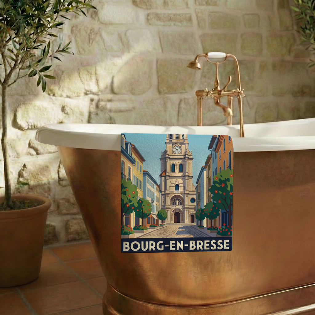 Serviette de bain souvenir de la ville de Bourg-en-Bresse avec une illustration stylisée.