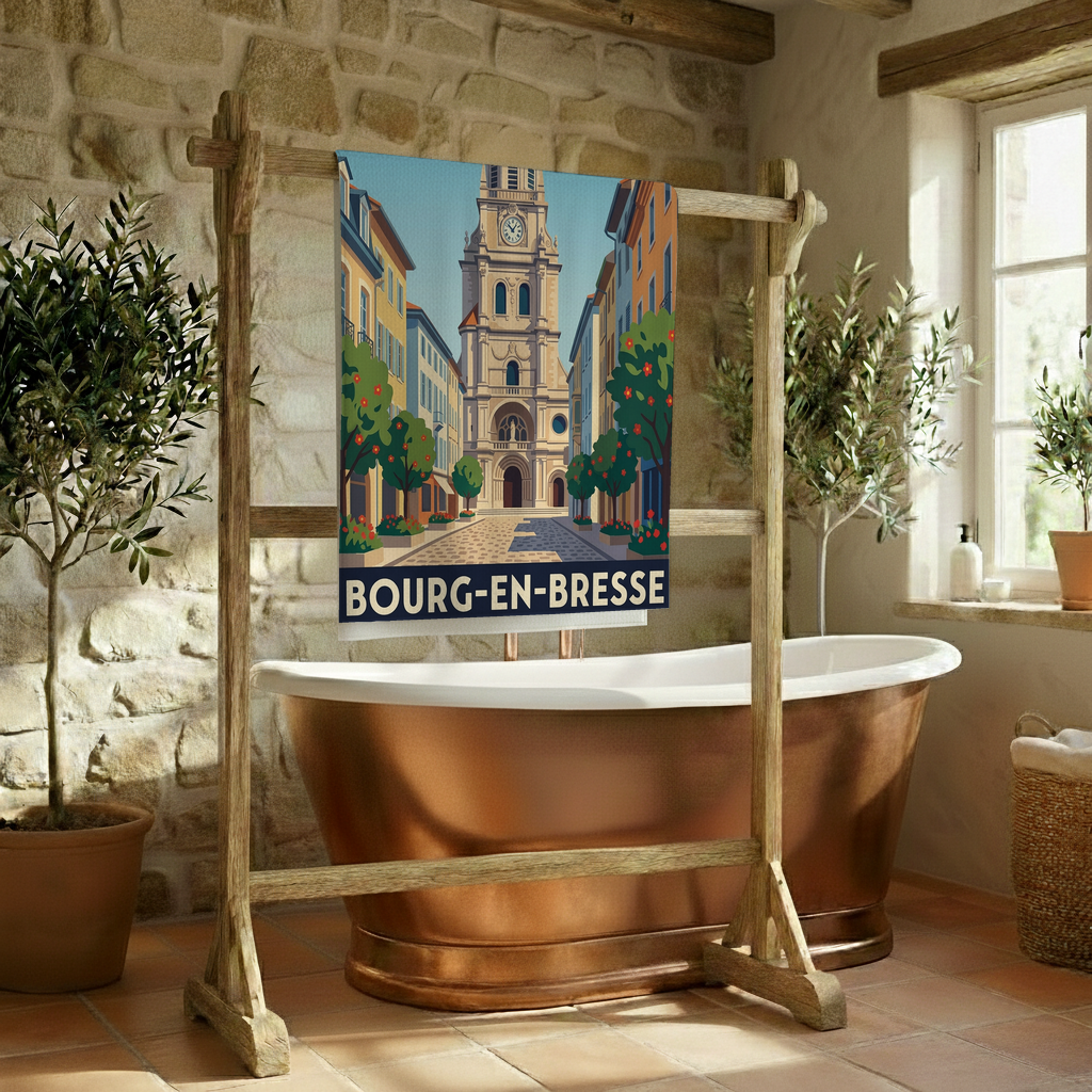 Serviette de bain souvenir de la ville de Bourg-en-Bresse avec une illustration stylisée.