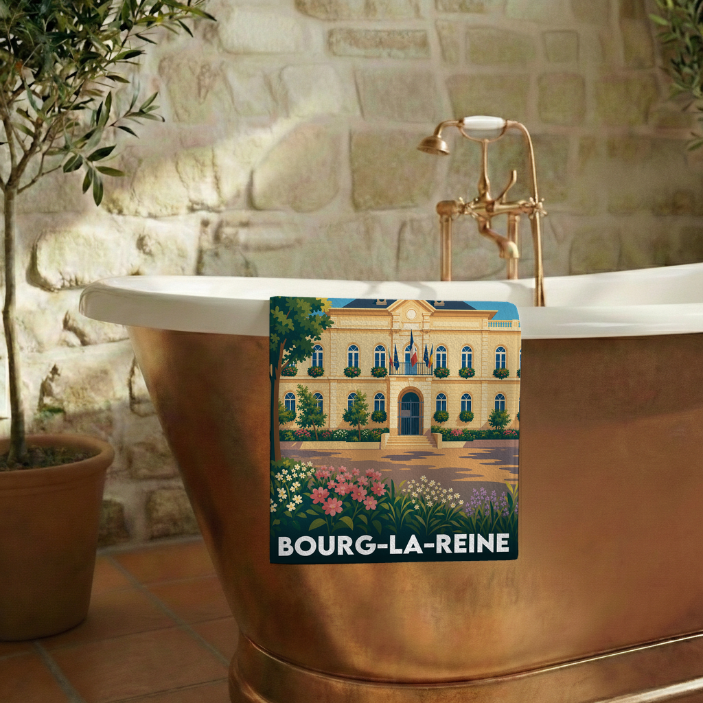 Serviette de bain souvenir de la ville de Bourg-la-Reine avec une illustration stylisée.