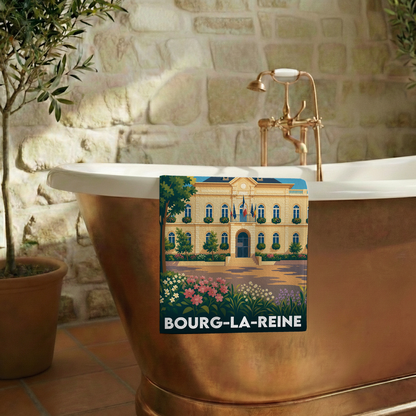 Serviette de bain souvenir de la ville de Bourg-la-Reine avec une illustration stylisée.