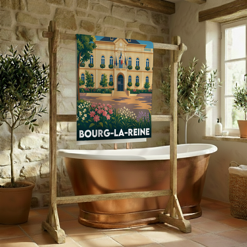 Serviette de bain souvenir de la ville de Bourg-la-Reine avec une illustration stylisée.