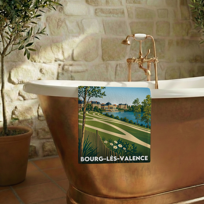 Serviette de bain souvenir de la ville de Bourg-lès-Valence avec une illustration stylisée.