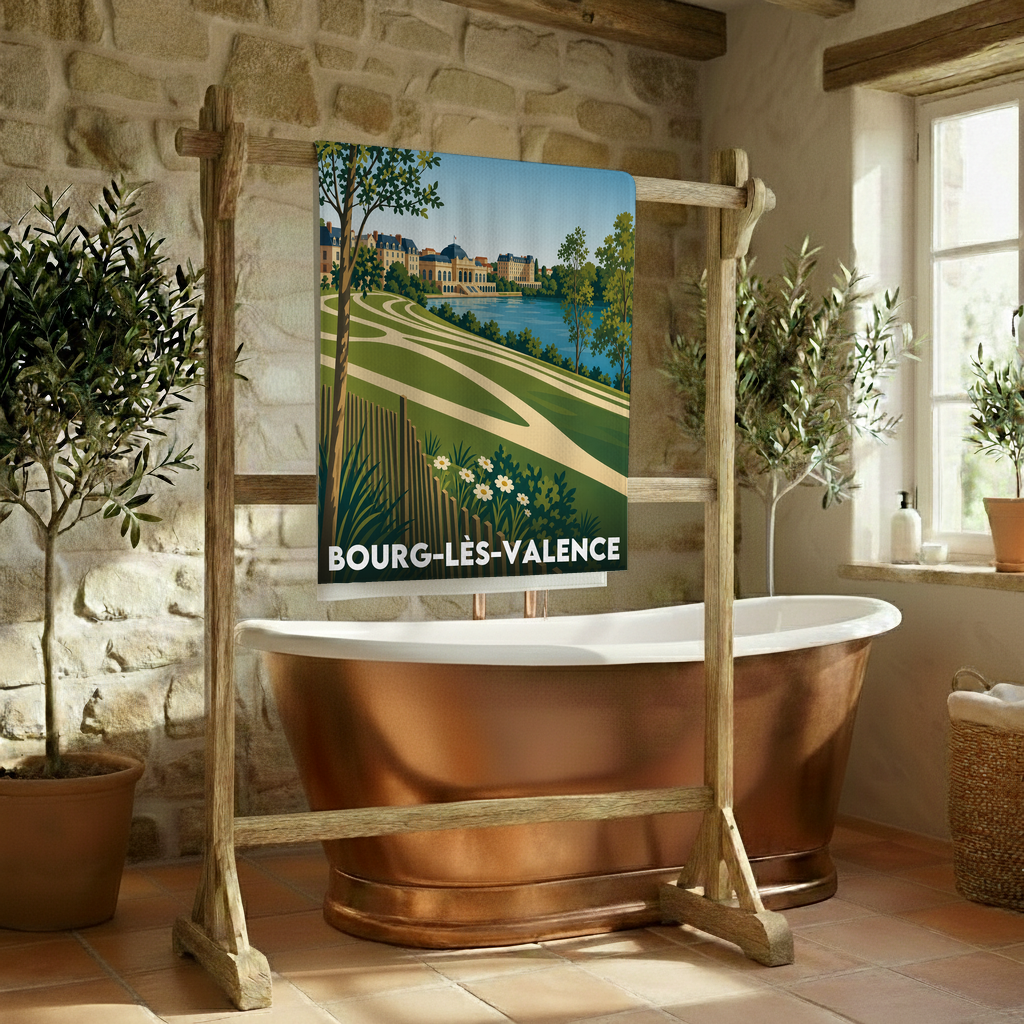 Serviette de bain souvenir de la ville de Bourg-lès-Valence avec une illustration paysagère stylisée.