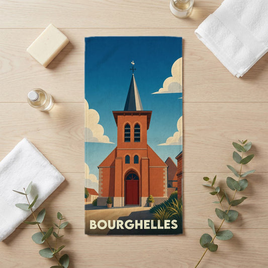 Serviette de bain souvenir de la ville de Bourghelles avec une illustration stylisée d'une église en briques.