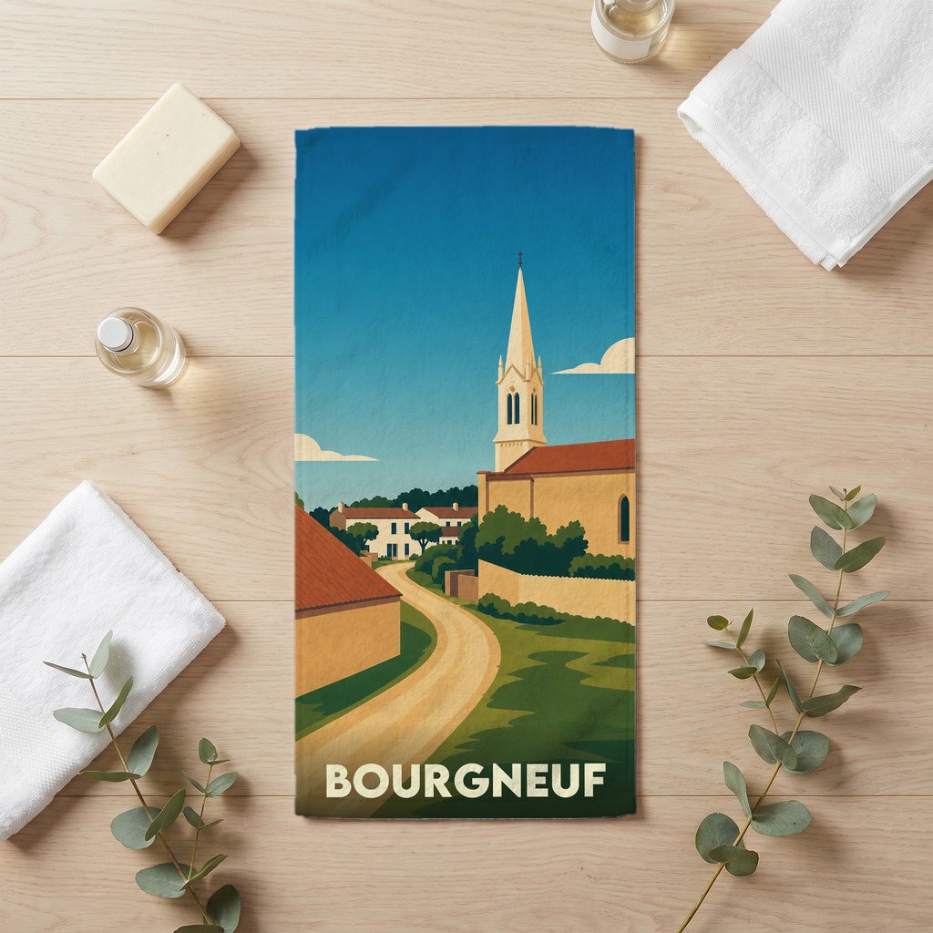Serviette de bain souvenir de la ville de Bourgneuf avec une illustration stylisée d'un paysage de village.