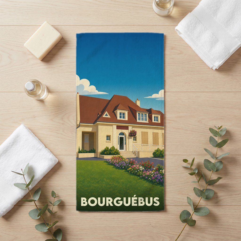 Serviette de bain souvenir de la ville de Bourguébus avec une illustration stylisée de maison normande.