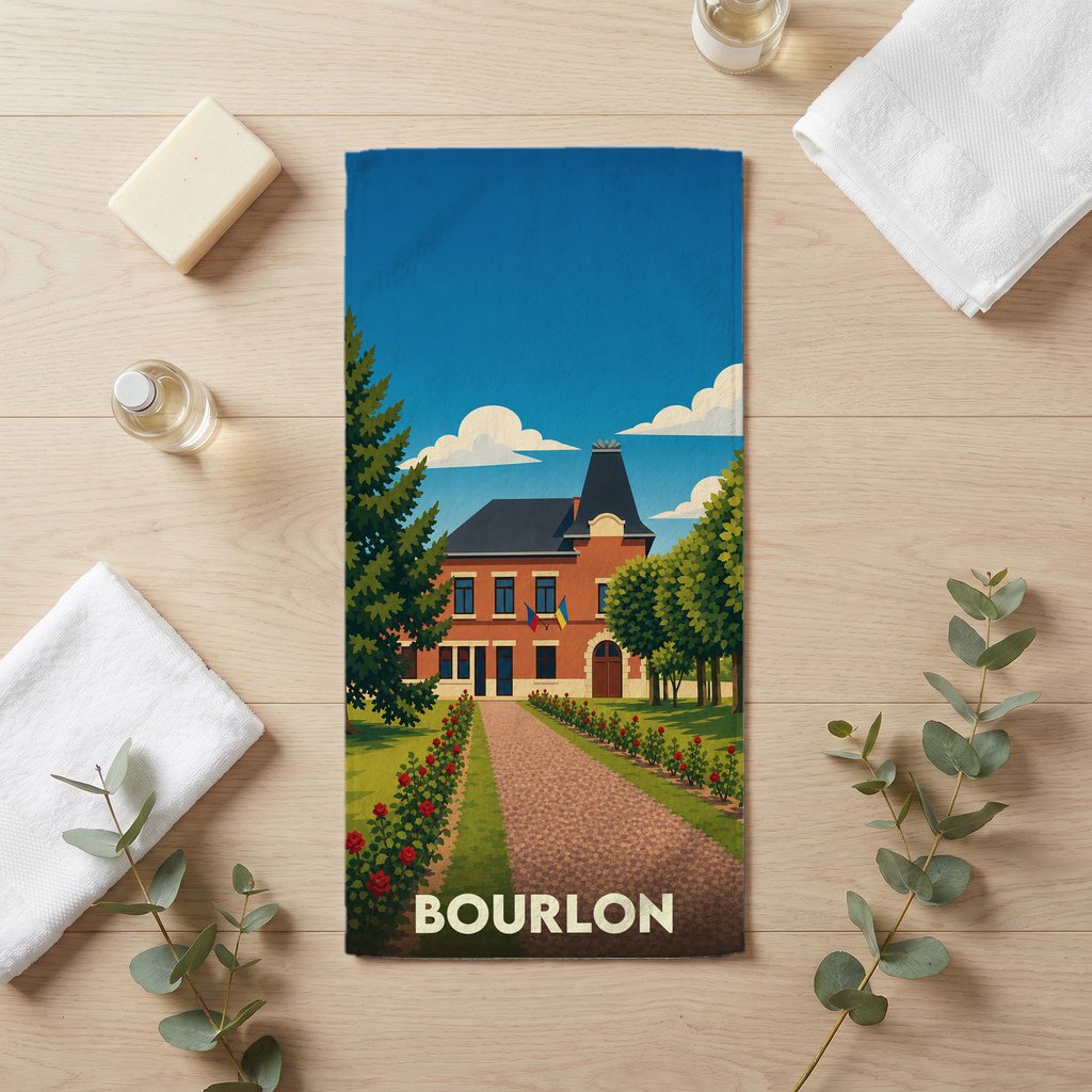 Serviette de bain souvenir de la ville de Bourlon avec une illustration stylisée d'un bâtiment historique.