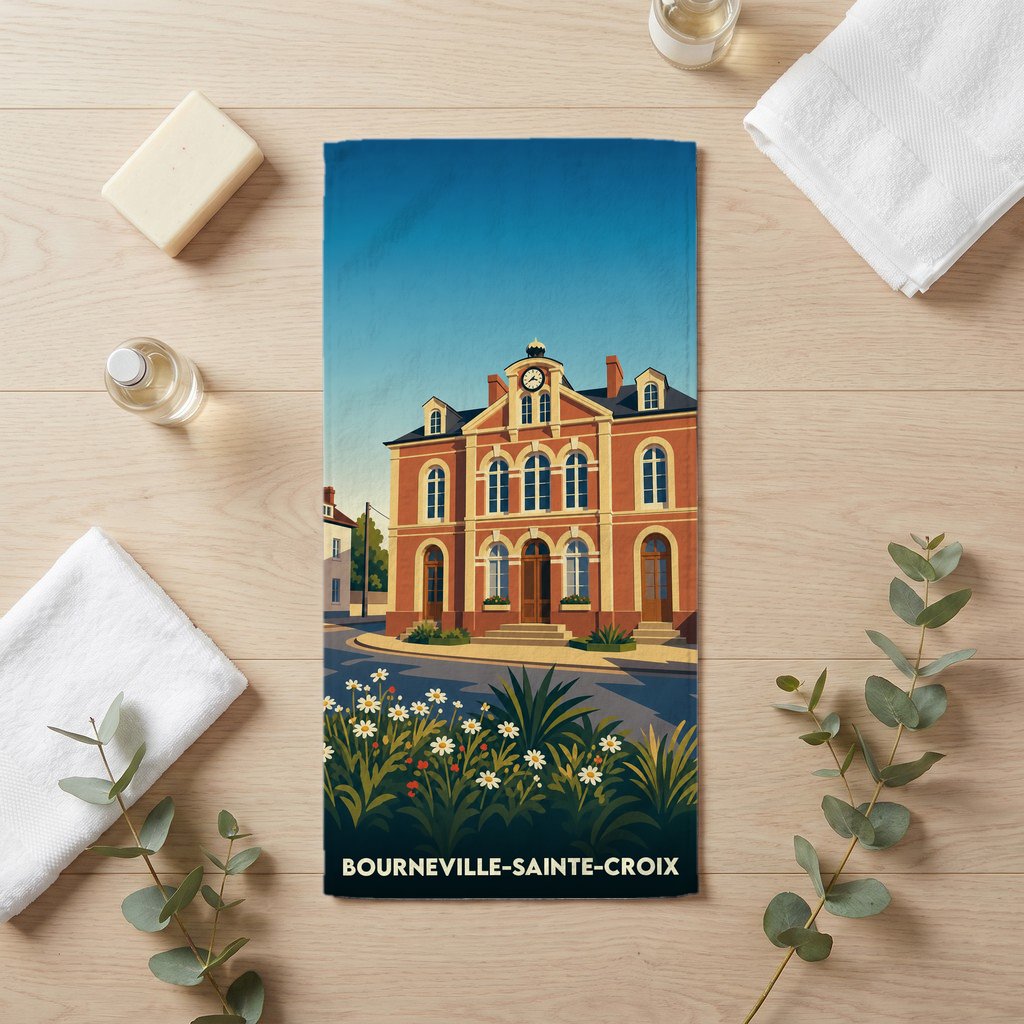 Serviette de bain souvenir de la ville de Bourneville-Sainte-Croix avec une illustration stylisée.