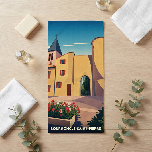Serviette de bain souvenir de Bournoncle-Saint-Pierre illustrée d'une vue stylisée du village.