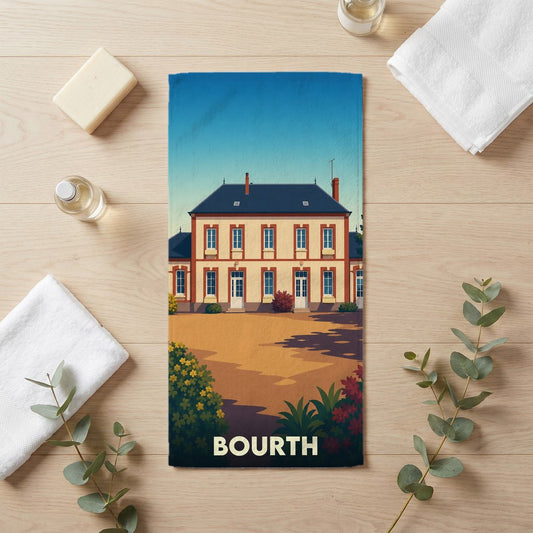Serviette de bain souvenir de la ville de Bourth avec une illustration stylisée d'une maison traditionnelle.