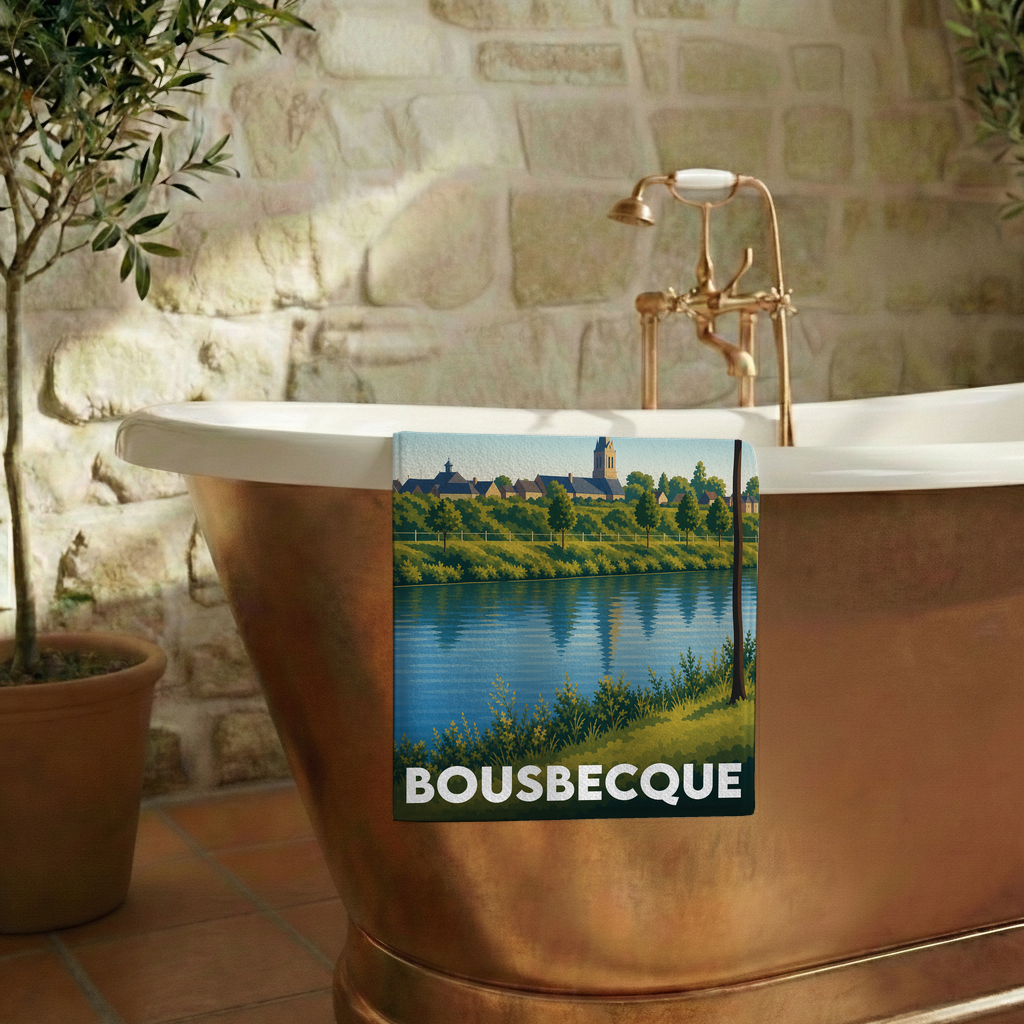 Serviette de bain souvenir de la ville de Bousbecque avec une illustration stylisée.