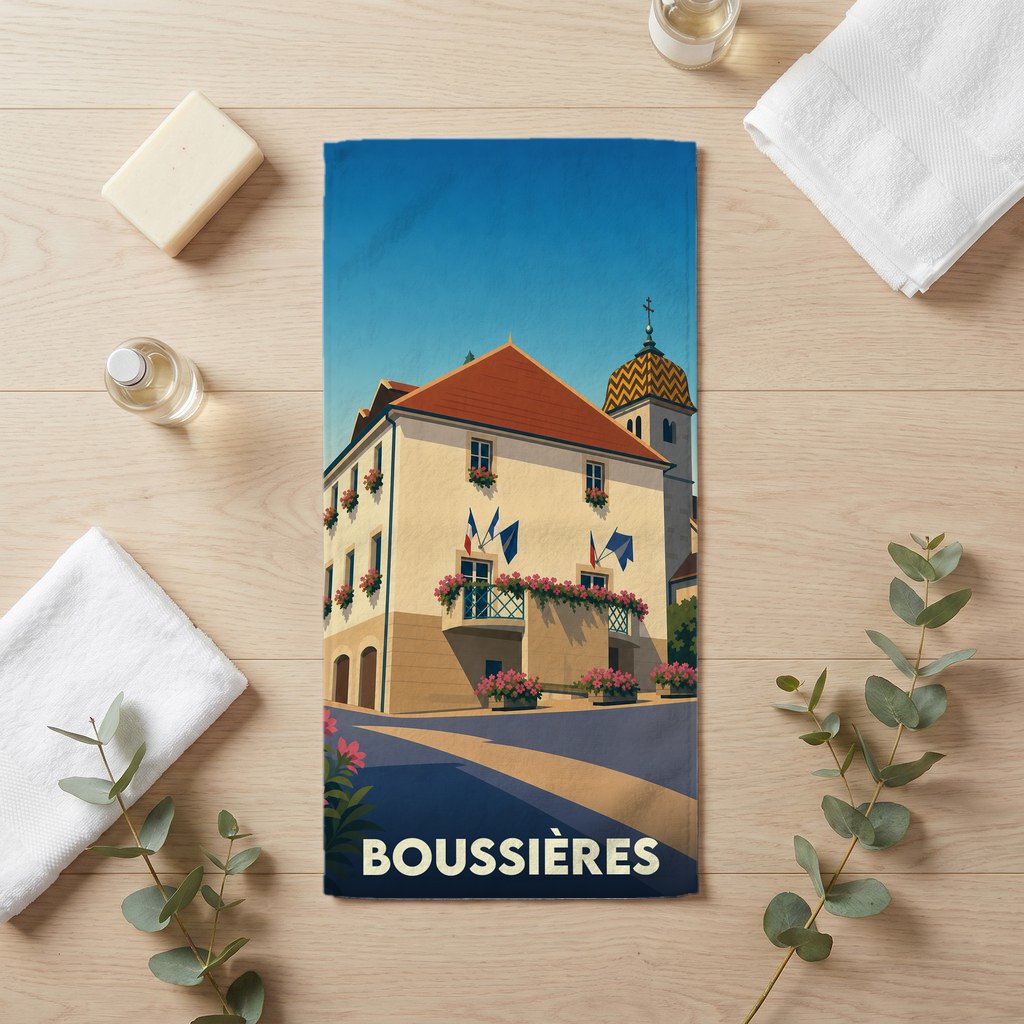 Serviette de bain souvenir de la ville de Boussières avec une illustration stylisée de sa mairie.