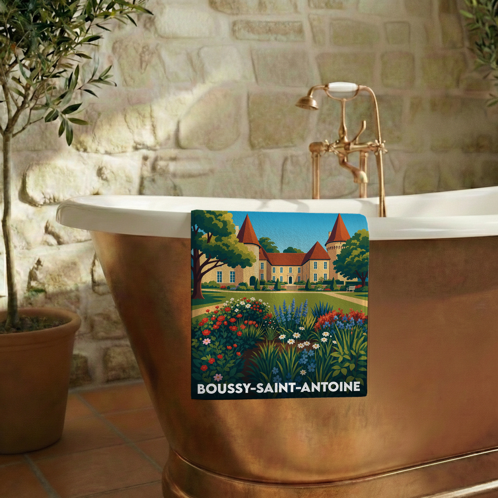 Serviette de bain souvenir de la ville de Boussy-Saint-Antoine avec une illustration stylisée d'un château.