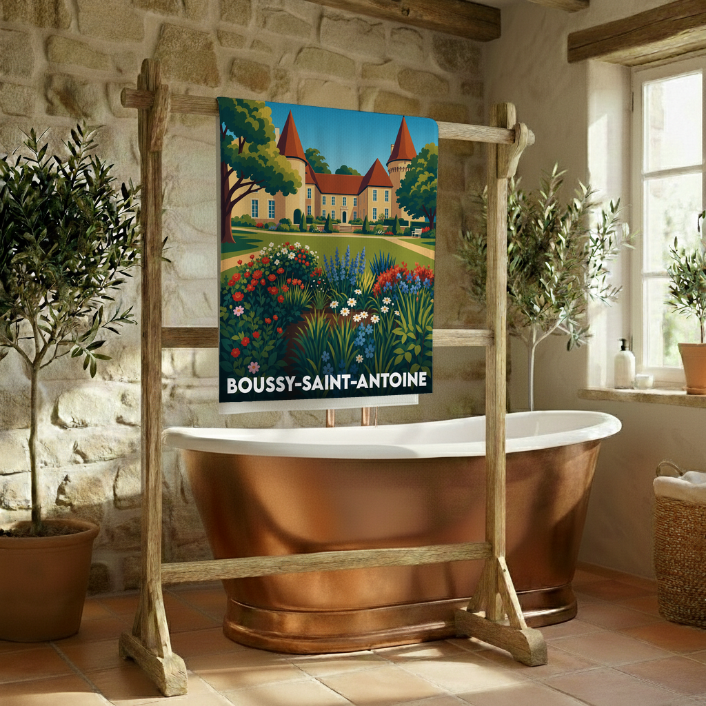 Serviette de bain souvenir de la ville de Boussy-Saint-Antoine avec une illustration stylisée d'un château et de ses jardins.