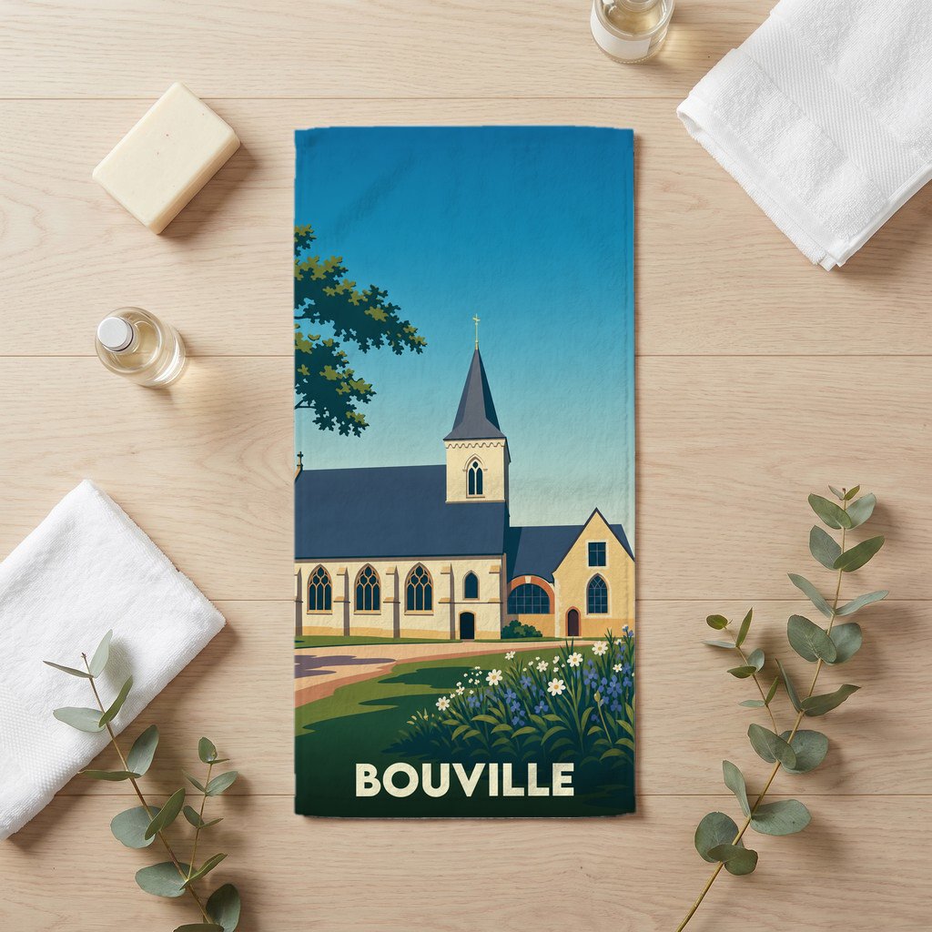 Serviette de bain souvenir de la ville de Bouville avec une illustration stylisée de son église.