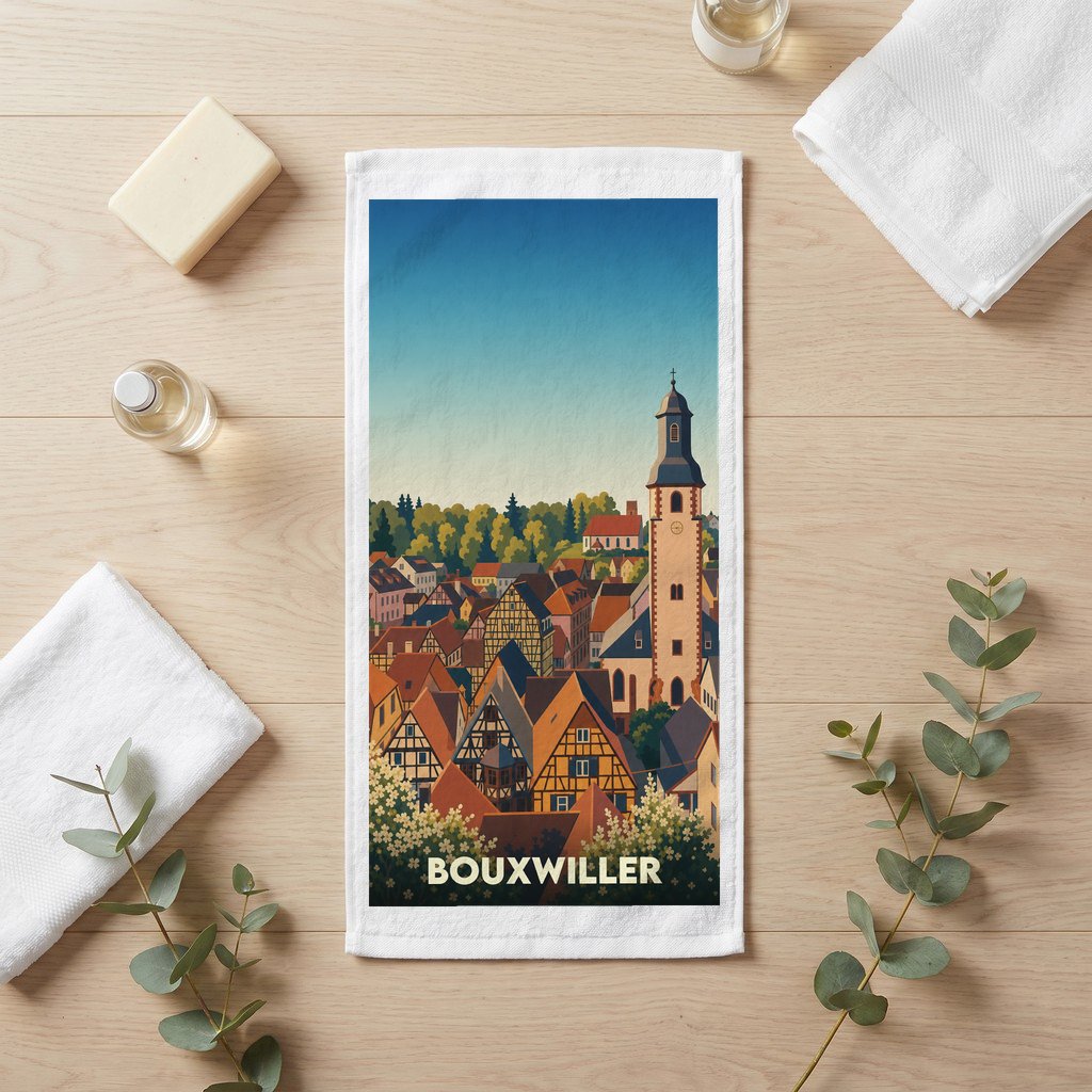 Serviette de bain souvenir de la ville de Bouxwiller avec une illustration stylisée de ses maisons à colombages.