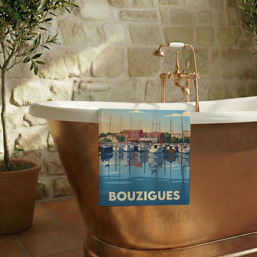 Serviette de bain souvenir de la ville de Bouzigues avec une illustration stylisée de son port.