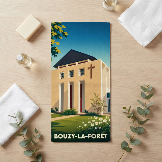 Serviette de bain souvenir de la ville de Bouzy-la-Forêt avec une illustration stylisée de son église.