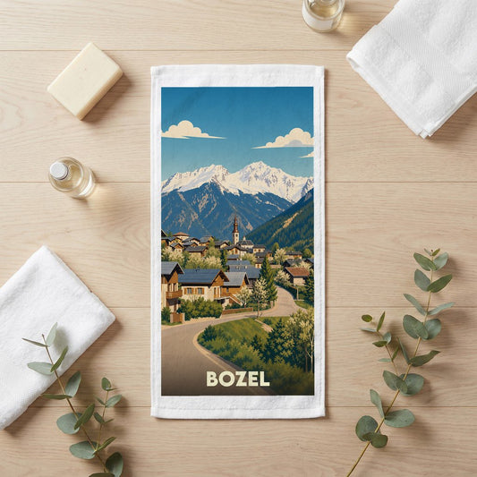 Serviette souvenir de la ville de Bozel avec une illustration stylisée de montagne.